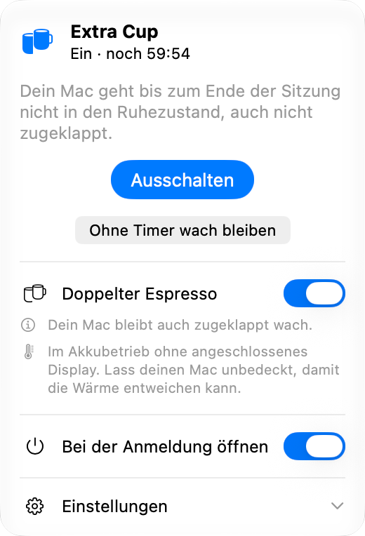 Das Extra Cup-Panel während einer Sitzung: Ein, noch knapp eine Stunde, eine Taste „Ausschalten“ und darunter der eingeschaltete Schalter „Doppelter Espresso“, der den Mac auch zugeklappt wach hält.