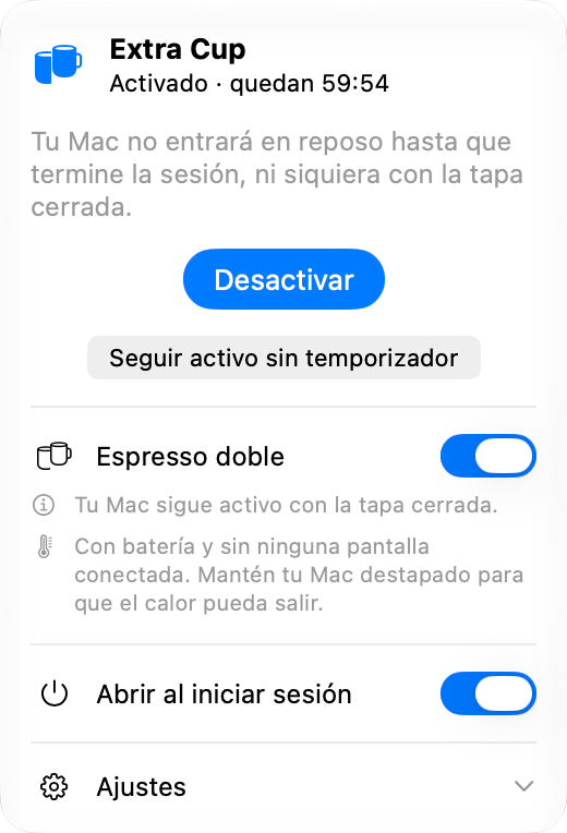 El panel de Extra Cup durante una sesión: activado con poco menos de una hora restante, un botón Desactivar y, debajo, el interruptor de Espresso doble encendido, que mantiene el Mac activo con la tapa cerrada.