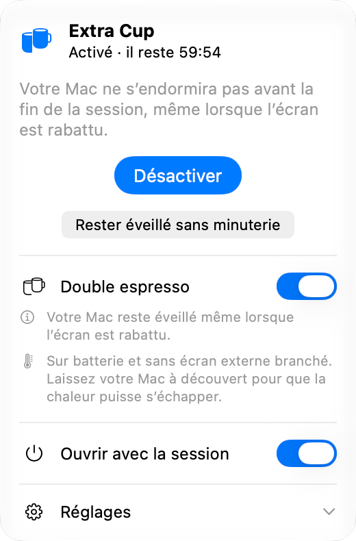 Le panneau d’Extra Cup pendant une session : activé, avec un peu moins d’une heure restante, un bouton Désactiver et, en dessous, l’interrupteur Double espresso activé, qui garde le Mac éveillé écran rabattu.