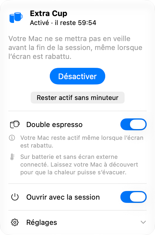 Le panneau d’Extra Cup pendant une session : activé, avec un peu moins d’une heure restante, un bouton Désactiver et, en dessous, l’interrupteur Double espresso activé, qui garde le Mac actif écran rabattu.