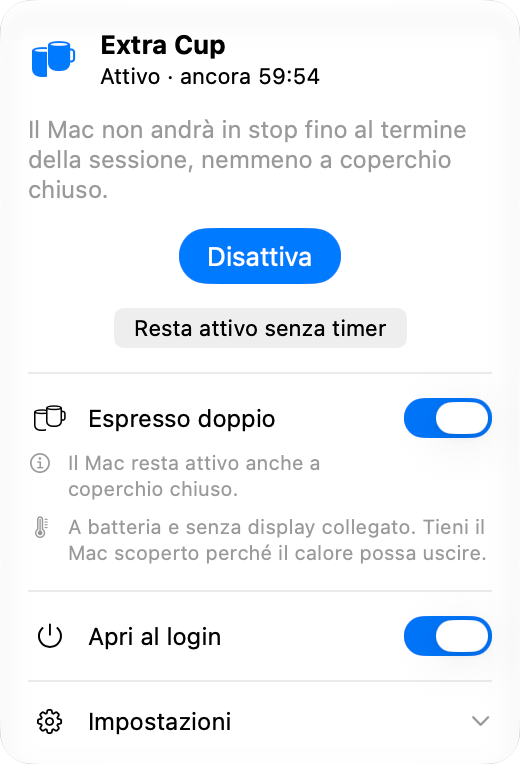 Il pannello di Extra Cup durante una sessione: attivo con poco meno di un’ora rimanente, un pulsante Disattiva e, sotto, l’interruttore di Espresso doppio acceso, che tiene attivo il Mac a coperchio chiuso.