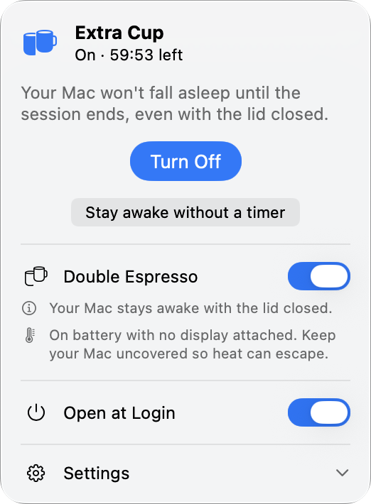 The Extra Cup panel during a session: On with just under an hour left, a Turn Off button, and the Double Espresso switch turned on below it, keeping the Mac awake with the lid closed.