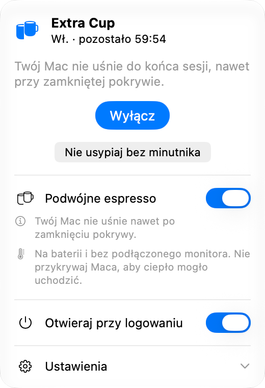 Panel Extra Cup w trakcie sesji: włączony, pozostała niecała godzina, przycisk Wyłącz, a pod nim włączony przełącznik Podwójne espresso, dzięki któremu Mac nie usypia przy zamkniętej pokrywie.